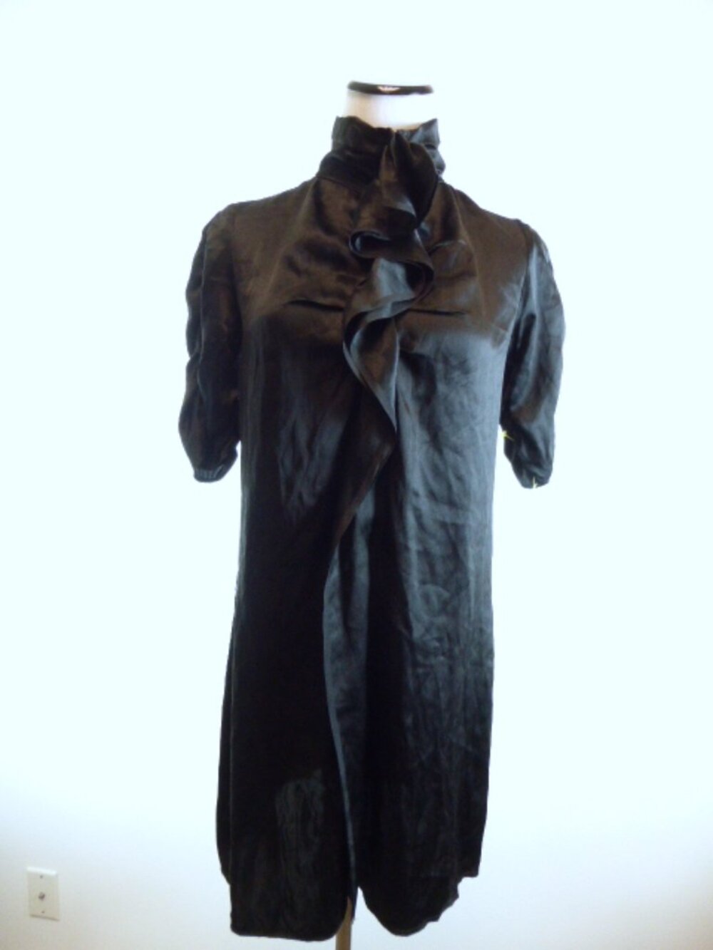 GOLD HAWK SILK RUFFLE DRESS short sleeve jabot TUNIC XS